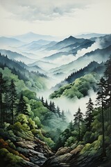 Wall Mural - Wonderful landscape of a forest with mists