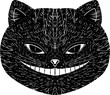 Cheshire cat, smiling cat face. Graphics, linocut. Vector texture black element.