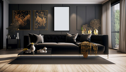 Poster -  Black modern living room with fireplace