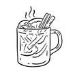 A glass of mulled wine with citrus fruits and a cinnamon stick. Vector illustration in doodle style