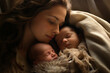 Woman holding two newborn charming babies in her arms sleeping together generative AI