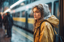 Young Woman Waiting For Bus In Rain. Sad Woman In Raincoat Waiting For Bus