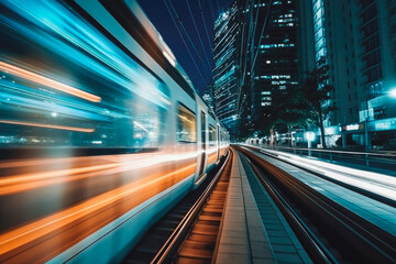 Wall Mural - Train moving fast at night city. City public transport motion blur light trails.