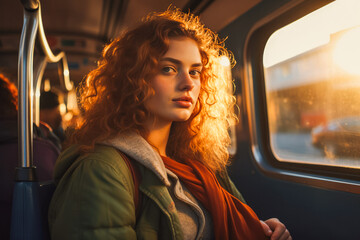 Wall Mural - Woman in public transport in sunset light. Woman sitting on bus in sunset lighting.