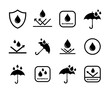 Waterproof icon set. Water resistant signs collection. Waterproof signs symbols