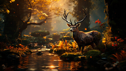 Wall Mural - deer in the woods at sunset