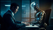 robot with businessman in office at table