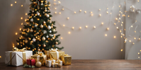 Wall Mural - Empty wooden table with blurred Christmas tree and gifts, space for text and product presentation, gold and white tones