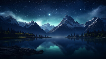 Canvas Print - beautiful night starry sky with mountains and lake