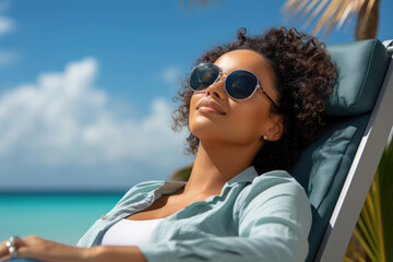 Poster - A woman sitting in a chair on the beach. Perfect for travel brochures or vacation-themed designs.