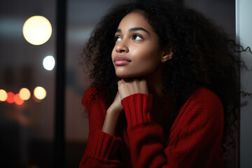 Wall Mural - A woman wearing a red sweater is seen looking up. This image can be used to convey curiosity, wonder, or anticipation. It is suitable for various themes and concepts.