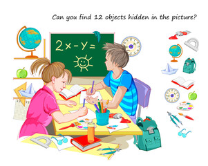 Can you find 12 objects hidden in the picture? Logic puzzle game for children and adults. Illustration of happy children studying mathematics in school. Education page for kids. Flat cartoon vector.