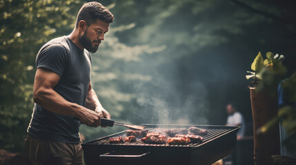  A young man grilling outdoors. Comfortable grill for grilling meat and picnic. 