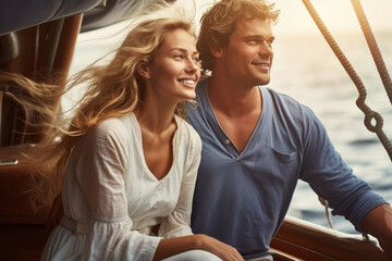 Wall Mural - A picture of a man and a woman sitting on a boat. Perfect for illustrating a romantic boat ride or a peaceful day on the water.