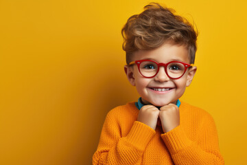 a young boy wearing glasses and a bright yellow sweater. this image can be used to portray intellige