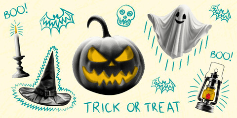 halloween concept template design with pumpkin ghost witch hat candle kerosene lamp halftone dotted collage elements with crazy grunge doodle shapes