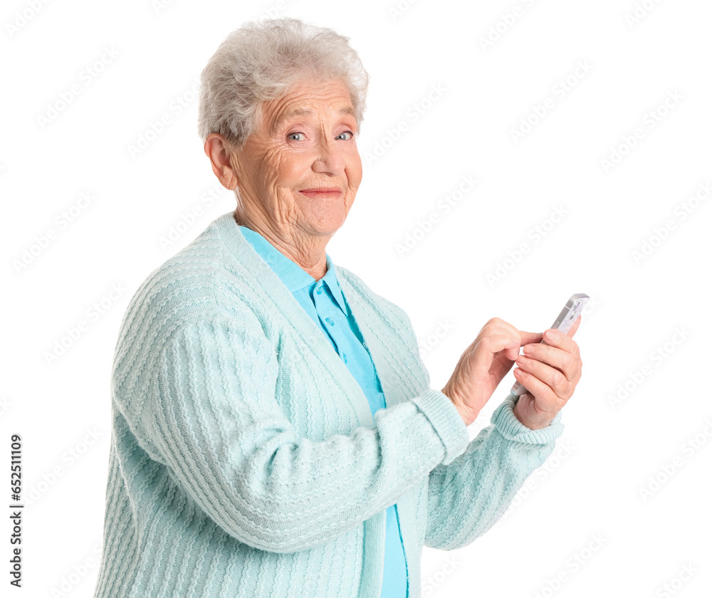 Senior woman using mobile phone on white background
