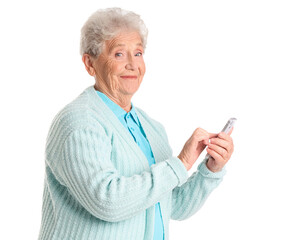 Sticker - Senior woman using mobile phone on white background