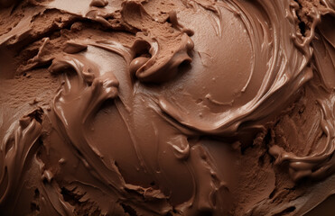 Wall Mural - Closeup of dark brown chocolate ice cream. Frozen yogurt macro, Summer delicious refreshment. Gourmet food banner. Dairy product. Homemade sweet dessert. Refreshment concept. Top view. No people.