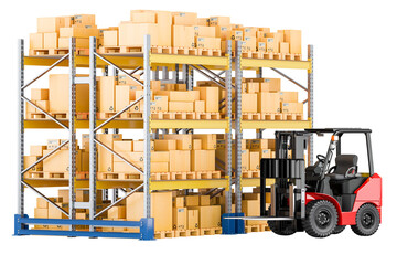 Poster - Pallet racks and warehouse forklift truck with cardboard boxes, 3D rendering isolated on transparent background