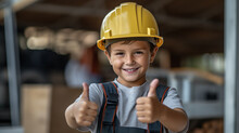 Smiling Child In Helmet Showing Thumbs Up Gesture. Happy Kid In Uniform.