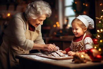 grandmother is baking christmas cookies with a little girl, in winter