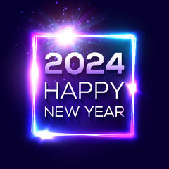 Wall Mural - Happy New Year 2024 neon square light sign. Holiday greeting card or banner design. Electric celebration frame with text star sparkle. Festive New Year 2024 night club signboard vector illustration.