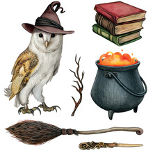 Watrcolor Beautiful Barn Owl Wearing A Witch Hat On A Staclk Of