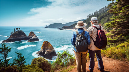 two men stand on a cliff by the sea