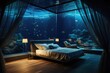The ethereal glow of a massive saler aquarium envelops a luxuriously oversized master bedroom, where a plush, satindd canopy bed awaits respite for the discerning traveler.