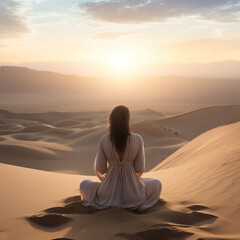 editorial film photo of woman from the back sitting in mindful meditating in nature by desert/sand for peace/clarity/mental wellbeing/balance digital painting hand drawn look