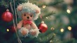 Cutest handmade knitted wool stuffed bear with Christmas tree decorations, fluffy and cuddly with friendly smile and adorable face, wholesome and joyous teddy toy celebrating special time of the year.