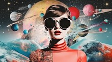 Futuristic Fashion In Space, Woman On Planets Background, Vintage Color Illustration For Sci-fi Book Or Magazine Covers
