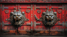 Traditional Red Chinese Door With Dragons. Generative AI