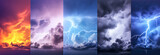 Collage of different Lightning thunderstorm flash over the night sky. Concept on topic weather, cataclysms (hurricane, Typhoon, tornado, storm)