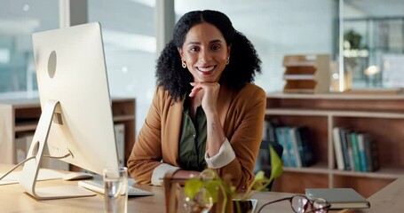 Wall Mural - Portrait of happy woman at computer with smile, confidence and career in administration at digital agency. Internet, desk and businesswoman at tech startup with creative job for professional business