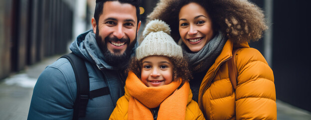 Close up headshot portrait of multi ethnic family enjoying winter holidays