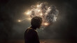 Surreal image of a person with thoughts sparkling in the darkness