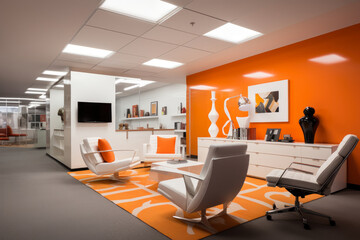 Immersed in a vibrant tangerine color scheme, this modern office interior exudes invigorating ambiance, inspiring creativity and motivating employees in a comfortable and contemporary workspace.