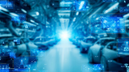 Fototapete - Automobile factory and communication network concept.