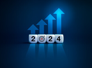 Poster - 2024 business growth, goal and success, investment, big data and technology trends concepts. 2024 calendar number on white cube block with target dart icon with rise arrows graph on blue background.