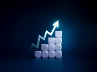 Poster - rise up glowing arrow, volatility index chart on white blocks business chart steps on dark blue back