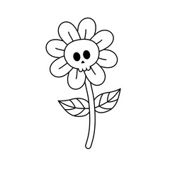 Poster - Vector groovy retro outline flower with skull isolated on white background