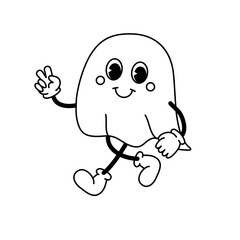 Poster - Vector groovy retro cartoon outline ghost isolated on white background