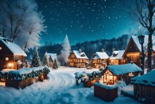 Christmas Village With Snow In Vintage Style. Winter Village Landscape. Christmas Holidays 