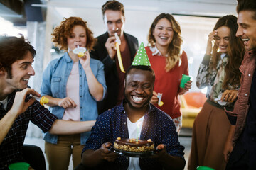 Wall Mural - Young and diverse group of people celebrating a surprise birthday party in the office of a startup company