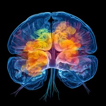 Colorful Brain Image In Top View With Black Isolated Background, Magnetic Resonance Image