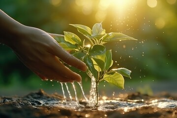 plant in hands with water sun light