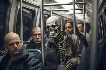 Wall Mural - Dead man among commuters in a crowded subway car. Generative AI.