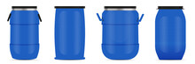 Set Of Blue Plastic Drums For Chemical And Pesticide